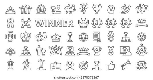 Set of Winner icons in line design. Cup, winner, first place, prize, victory, success, celebration, podium icons isolated on white background vector.