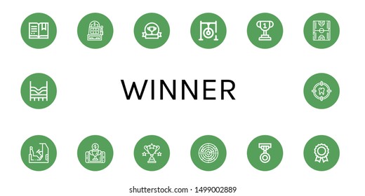 Set of winner icons such as Certificate, Slot machine, Award, Darts target, Trophy, Soccer field, Racing, Reward, Dart, Medal, Top, Target , winner