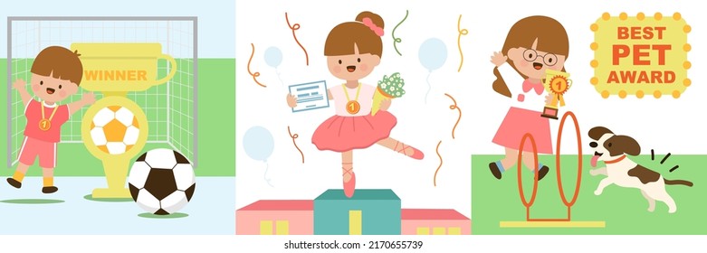 Set of winner kids in competition various activities, soccer, ballet, and champion of dog training in cartoon character, vector illustration