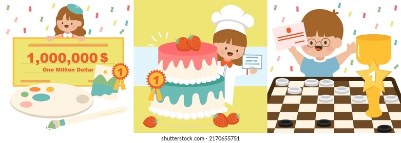 Set of winner kids in competition various activities, Painter, painting, cake making, bakery and chess in cartoon character, vector illustration