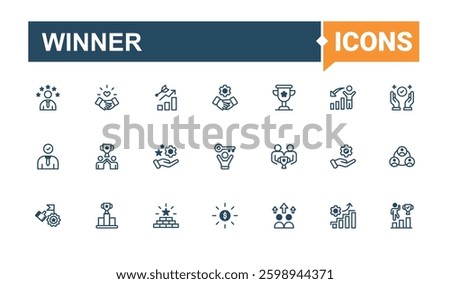 Set of Winner line icon. Featuring achievement, growth, win, grow, award, trophy and more. Success icon set. Vector outline and solid icons collection. Vector illustration. Pixel perfect.