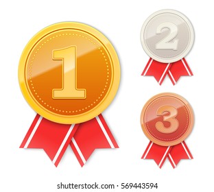 Set of winner medals. First second third place awards. 3D Gold silver bronze metal badges with red ribbon. Vector illustration