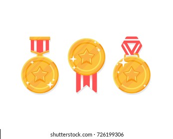 Set of winner medals. Gold medal with red ribbons isolated on white background. Vector flat icon
