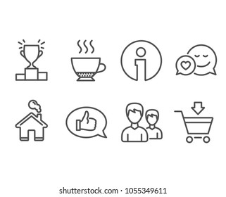 Set of Winner podium, Feedback and Couple icons. Dating, Espresso and Online market signs. Competition results, Speech bubble, Two male users. Love messenger, Hot drink, Shopping cart. Vector