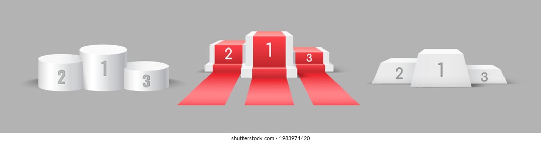 Set of winner podium on gray background. Empty pedestal for award ceremony. Platform with red carpets for first second and third places in competition. Realistic 3d vector illustration