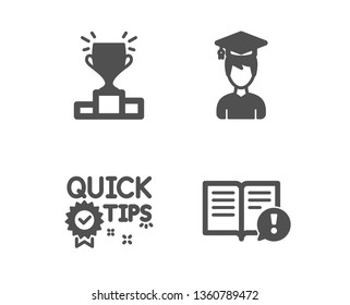 Set Of Winner Podium, Quick Tips And Student Icons. Facts Sign. Competition Results, Helpful Tricks, Graduation Cap. Important Information.  Classic Design Winner Podium Icon. Flat Design. Vector