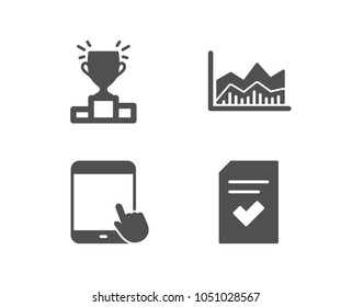Set of Winner podium, Tablet pc and Trade infochart icons. Checked file sign. Competition results, Touchscreen gadget, Business analysis. Correct document.  Quality design elements. Classic style