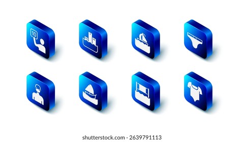 Set Winner podium, Yacht sailboat, Swimming trunks, Swimsuit, Water volleyball net, Swimmer and Assessment of judges icon. Vector