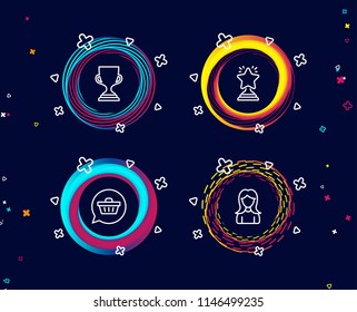 Set of Winner, Shopping cart and Award cup icons. Woman sign. Best star, Dreaming of gift, Trophy. Girl profile.  Circle banners with line icons. Gradient colors shapes. Vector