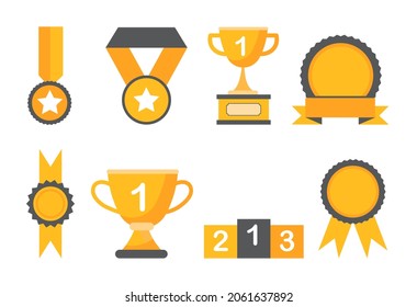 Set of winner symbols. Collection of medals and cups for first place, podium. Sports awards, achievements, best, success symbol. Cartoon flat vector illustration isolated on white background