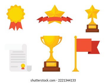 Set of winner trophies and awards vector illustration. Winner's cup, flag, gold medal and star medal in flat style