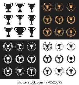 Set of Winner Trophy Cup Silhouettes with Foliate. 
Icons collection. Modern flat style. Vector illustration