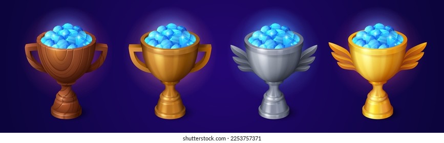 Set of winner trophy cups full of diamond crystals isolated on background. Vector cartoon illustration of game level award goblets made of wood, gold, silver, bronze metal. Game rank props design