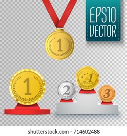 Set of winner trophy isolated on transparent background. Prize template. Medal and podium. Vector illustration