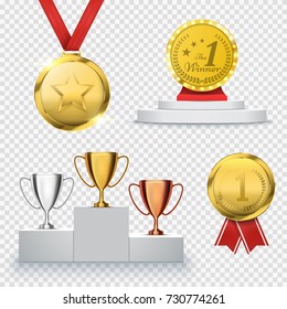 Set of winner trophy isolated on transparent background. Prize template. Medal and podium. Vector illustration