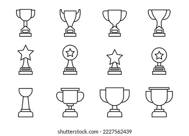 Set of Winner  trophy vector. Illustration of  Trophy or cup, sports award, champion collection in line art style