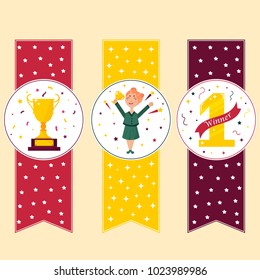 Set of  winner's banners, bookmarks. Girl holding winning trophy, golden goblet, medal