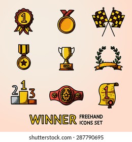 Set of winners color handdrawn icons - goblet, medal, wreath, race flags, belt, sertificate. Vector