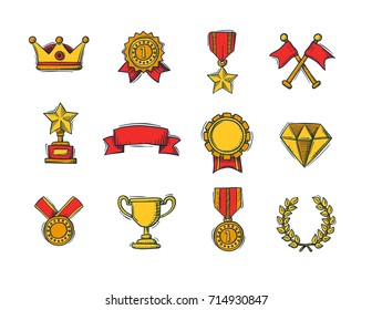 Set of winners color handdrawn icons - goblet, medal and wreath, race flags and belt and sertificate. Vector Illustration.