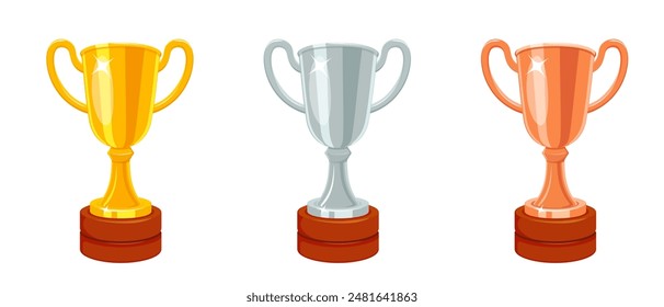 Juego de copas de los ganadores. Premios para el primer, segundo y tercer lugar. Ganador del premio en competiciones.