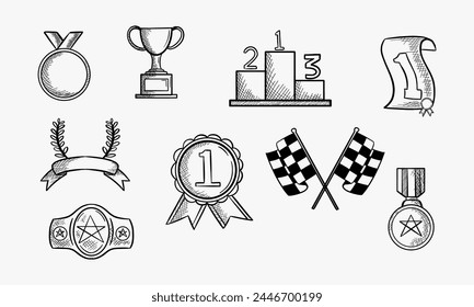 Conjunto de iconos dibujados a mano de los ganadores - copa, medalla, corona, banderas de la raza, cinturón, certificado. Vector