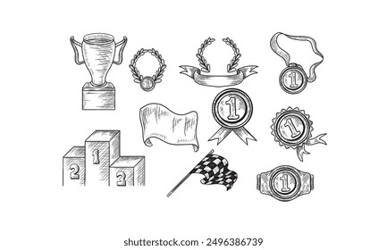 Set of winners handdrawn icons - goblet, medal, wreath, race flags, belt, sertificate. Vector