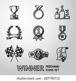 Set Of Winners Handdrawn Icons - Goblet, Medal, Wreath, Race Flags, Belt, Sertificate. Vector