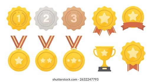 Set winner's prize medals, gold, silver, bronze, trophy cup. Championship, competition awards.