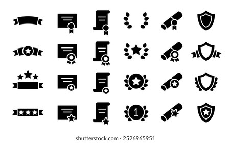 Conjunto de ícones de prêmios e premiações. Recompensa de troféu, sinais de troféu de vitória representando um prêmio, conquista da taça de vitória, diploma vencedor, certificado. Conceito de concursos, prêmios, cerimônias