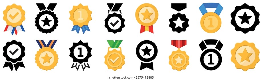Set of winning award. Prize icons. Medal sign. Trophy reward, victory trophy signs depicting an award, victory cup achievement, winner medal and more. Vector illustration