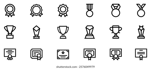 Set of winning award and prize icons, trophy reward, victory trophy signs depicting an award, victory cup achievement, winner medal. Vector Illustration. EPS 10