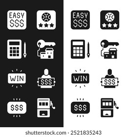 Set Winning house with key, Bingo card, Money prize casino, Online poker table game, Casino win, Winner holding ticket, Slot machine and  icon. Vector