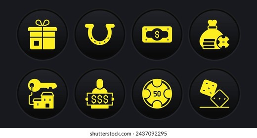 Set Winning house with key, Money bag, Winner holding prize ticket, Casino chips, Stacks paper money cash, Horseshoe, Game dice and Gift box icon. Vector