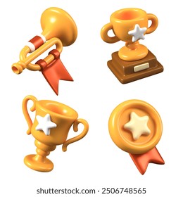 Set of winning icons in 3D style. Gold trophies and victory notification tools