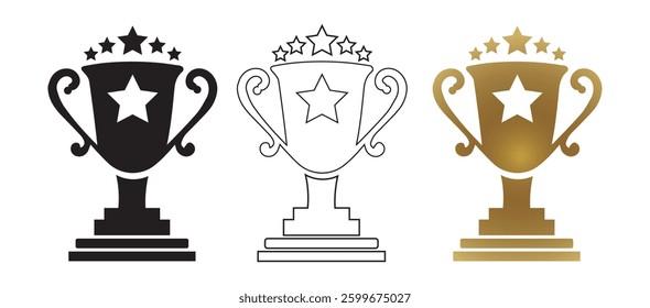 Set of winning icons, trophy reward, victory trophy signs depicting an award, victory cup achievement, winner medal - stock vector.
