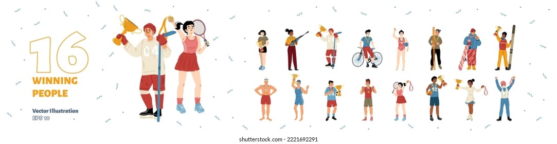 Set of winning people, sportsmen winners and champions. Young smiling happy sports characters holding golden trophy in hands celebrate victory in competition, Cartoon linear flat vector illustration