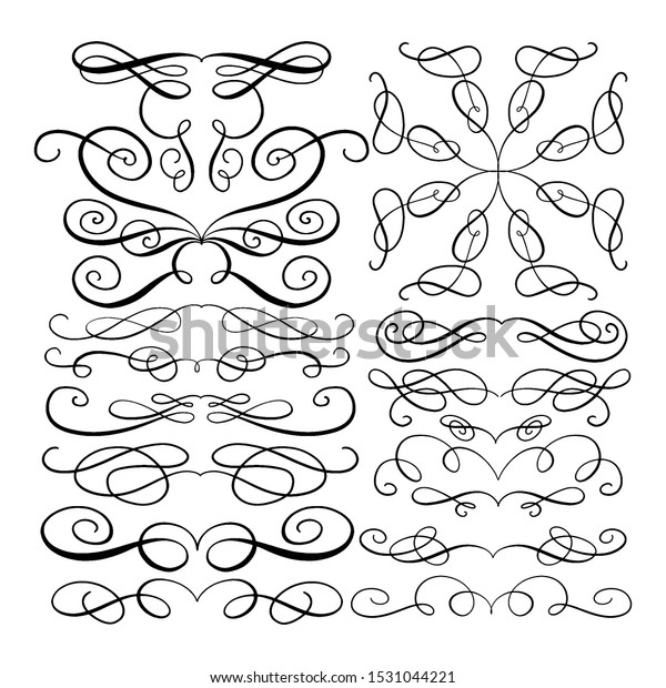 Set of wintage handdrawn\
decorative flourishes. Calligraphy swashes for text, photo, blog,\
print. 