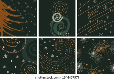 Set of Winter abstract background. Template, pre-made modern christmas design. Winter graphic illustration with tree, shape, snowflake, snowball in green and copper for winter poster, holiday branding