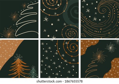 Set of winter abstract background. Template, pre-made modern Christmas design. Winter graphic illustration with tree, shape, snowflake, snowball in green, copper for winter poster, holiday branding