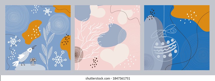 Set von Winter abstrakte kreative minimalistische handgemalte Illustrationen mit dekorativen Ästen, Vogel, Weihnachtsball. Für Postkarten, Poster, Social Media-Storys Design.