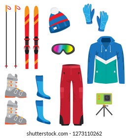 Set of winter accessories for extreme ski sport. Boots, skis, camera, helmet, pants, glasses, backpack.