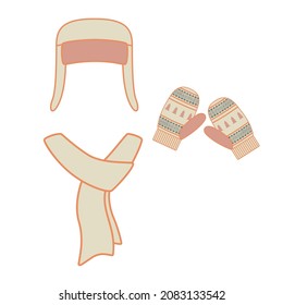 A set of winter accessories - a hat with ear flaps, scarf and mittens. Vector flat illustration isolated on white background