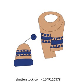 Set with winter accessories: hat and scarf. Cute vector winter warm knitted clothes collection in cartoon style. Christmas vector illustration. Template design for card, postcard, print.