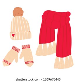 Set of winter accessories isolated on white background. Mittens, scarf, hat. Vector illustration in cartoon style