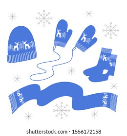 Set of winter accessories knitted hat scarf mittens socks blue with white deer and christmas tree ornament. Stock vector flat illustration isolated on white background.