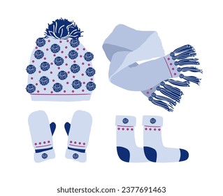 Set of winter accessories knitted hat scarf mittens socks light blue. Stock vector flat illustration isolated on white