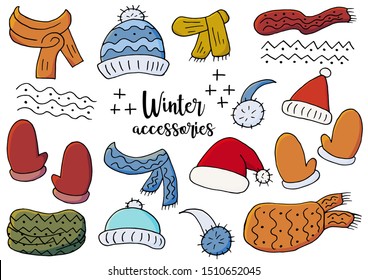 Set of winter accessories. Winter season elements for your design. A collection of hats, scarves, snoods, mittens, isolated and grouped. Light and shadow