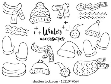 Set of winter accessories. Winter season elements for your design. A collection of hats, scarves, snoods, mittens, isolated and grouped. outline drawing