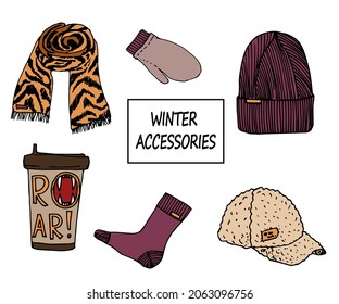 A set of winter accessories. Warm hats, mittens and socks, a scarf and a tiger print coffee cup. Vector illustration in trending colors.