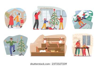 Set of Winter Activities. Family Characters Decorate Christmas Tree, Children Riding Snowboards, Girls Buying Gifts and Relax in Sauna, Mother with Daughter Cooking. Cartoon People Vector Illustration